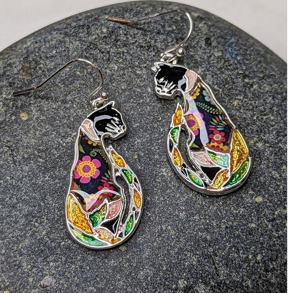 Black Cat Sitting Tall Floral Mixed Media Dangle Hook Drop Earrings NEW Gifta